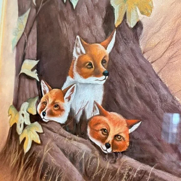 Vintage Unique Framed Fox Family Original Painting Artwork 22"x 25" - Picture 3 of 16
